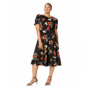 Calvin Klein NWT Plus Size 18W Black Floral Short Puff Sleeve A-Line Midi Dress